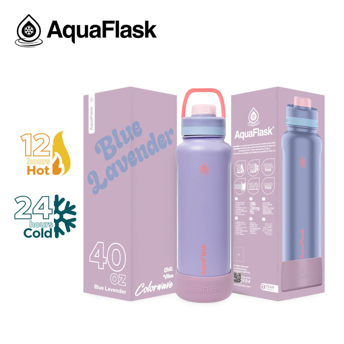 AquaFlask Colorwave 40oz Tumbler – Double Wall Stainless Steel, Keeps Drinks Hot & Cold, Leak-Proof